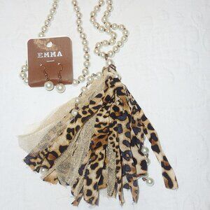 NWT Emma Long Pearl Necklace and Earring Set Leopard Accents Beautiful Set!